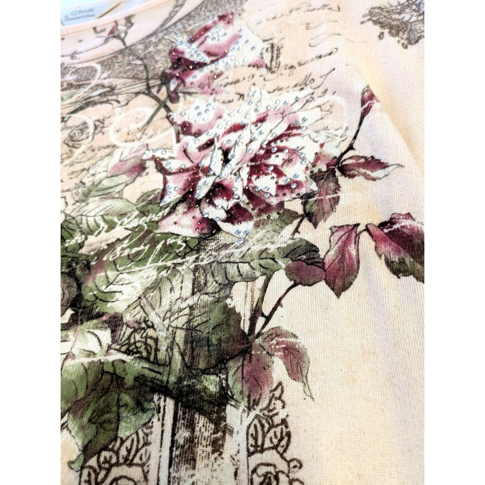 CJ Banks 3X Pink Floral Paris Postcard Rhinestone Embellishment 3/4 Sleeve Top - Picture 3 of 6